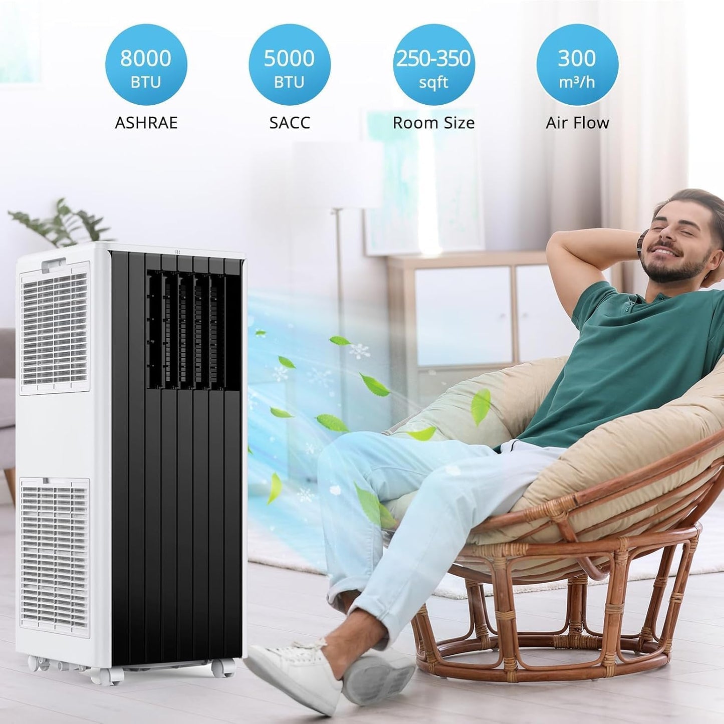 Portable Air Conditioner, 8,000 BTU Cools up to 350 Sq. Ft., LED Touch Panel, with Remote Contro, Built-in Dehumidifier, Fan, 3 in 1 Compact Indoor Quite AC Unit for Home Office Dorm RV, Black