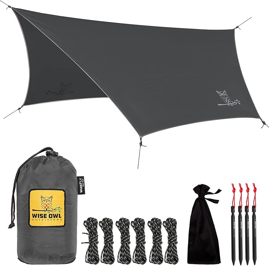 Wise Owl Outfitters Hammock Rain Fly – Waterproof Camping Tarp Cover with Tent Stakes & Carry Bag, Ultralight Shelter for ...