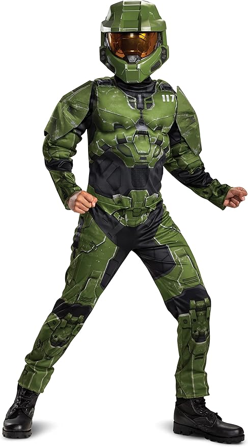 Halo Infinite Master Chief Costume, Kids Size Muscle Padded Video Game Inspired Character Jumpsuit