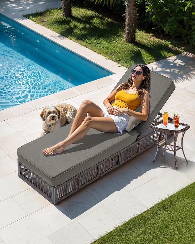 ACTREST Luxury Outdoor Chaise Lounge Chairs of 4 with 5 Inch Thick Cushions and Side Table - 6 PCS High Back Brown Wicker Rattan Patio Recliners Lounger Furniture Set for Poolside Sunbathing - Grey