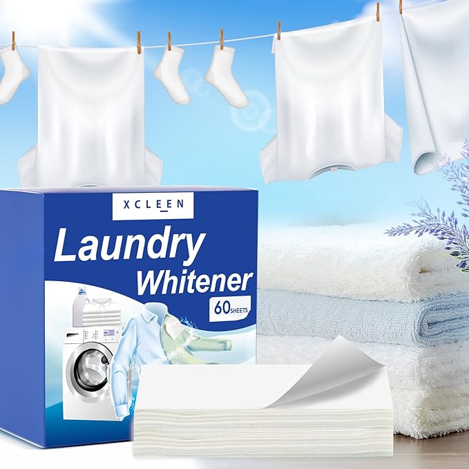 Laundry Whitener Sheets 60 count, Chlorine Free, Fragrance Free Bleach for White Clothes, Safe for Use in All Washing Machines