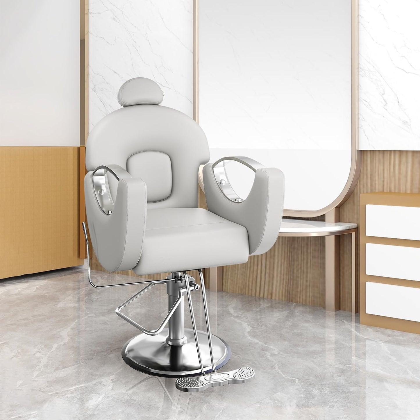 PeakPursuit Reclining Barber Chair, 360° Swivel Hydraulic Styling Chair with Heavy Duty Hydraulic Pump for Hair Stylist Barbershop Home Spa Shampoo, Grey