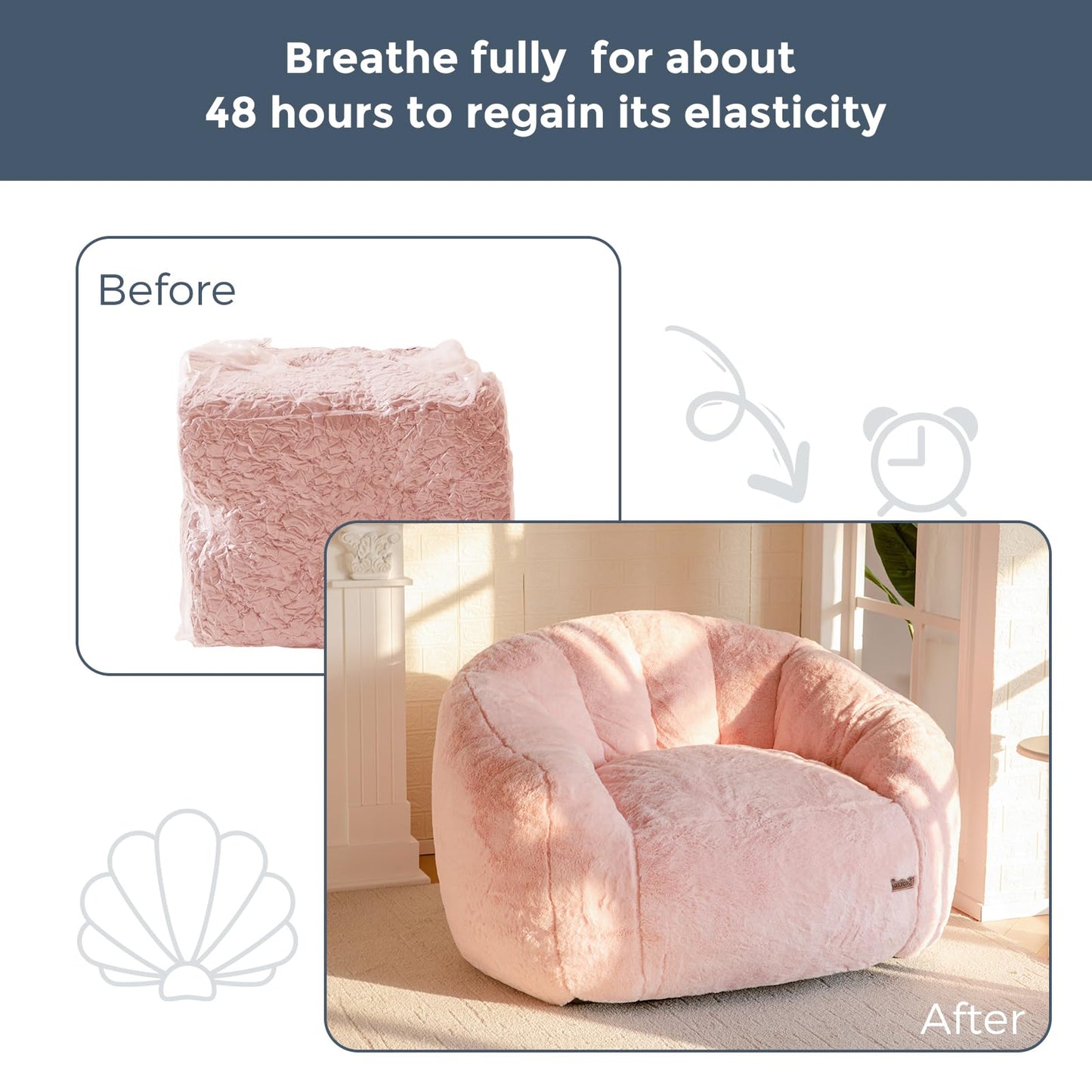 MAXYOYO Giant Bean Bag Chair, Oversized Bean Bag Couch for Adults and Kids, Faux Fur Shell-Shaped Large Chair with Filler, Stuffed Big Accent Sofa Lounge Floor Sofa for Gaming, Reading, Pink