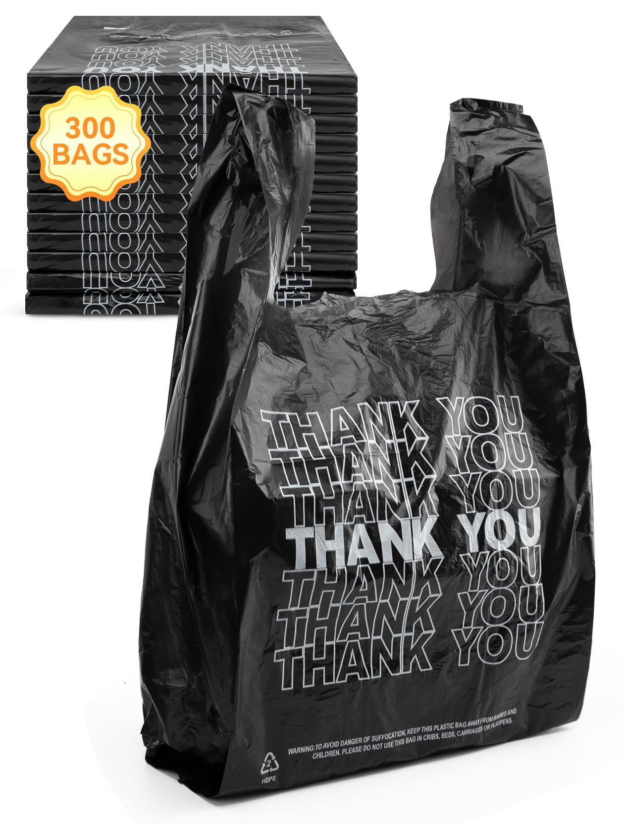 UMT Plastar 300 Count Thank You Plastic Bags, 12" x 6" x 22", 15 Mic Black Grocery Bags with Handles, Ideal for Restaurants, Retail, Grocery Stores, Takeout, Convenience Stores