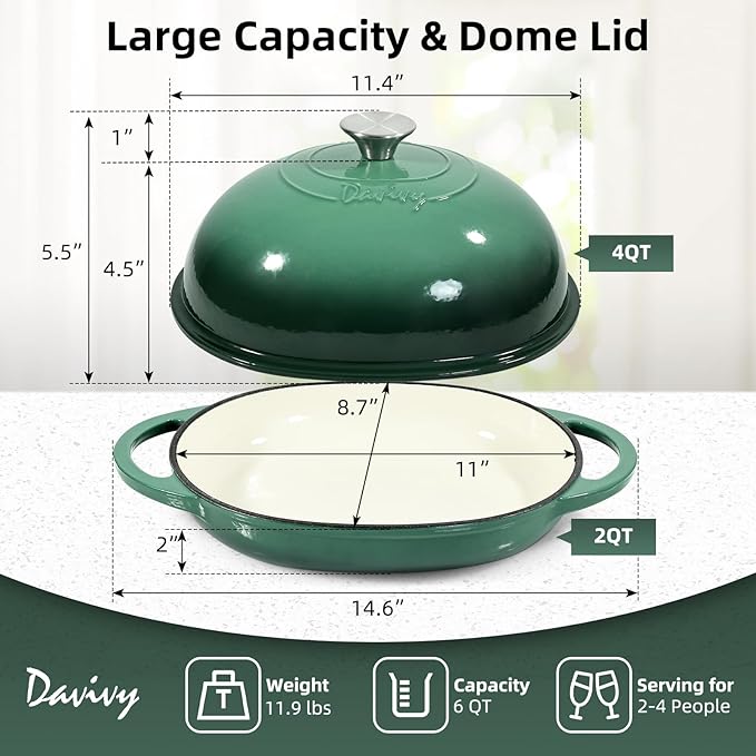 Davivy Cast Iron Oval Bread Pan with Lid 6QT, Dutch Oven for Sourdough Bread, Non-stick Cast Iron Sourdough Baking Pan with Silicone Oven Mitts - Foreset Green