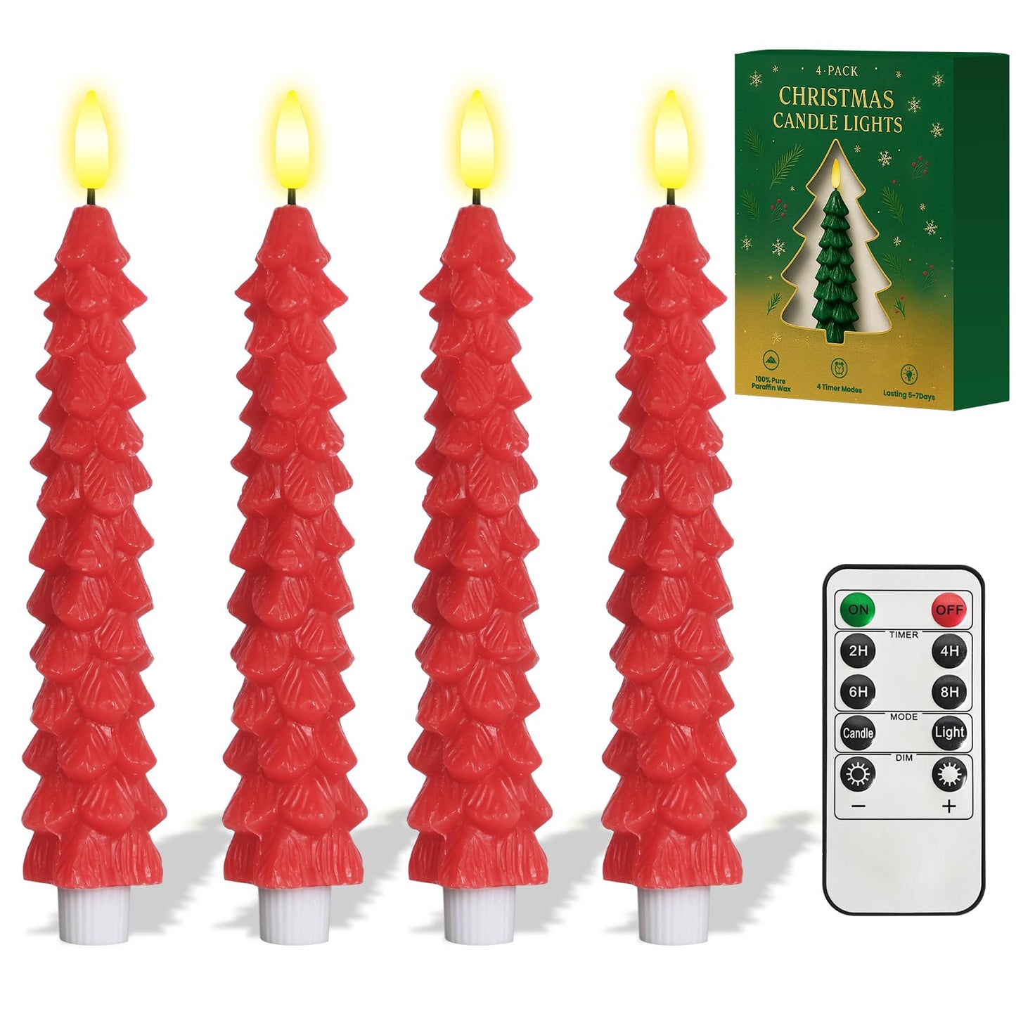 HEYCODY 4 Pcs Christmas Tree-Shaped Flameless Taper Candles with Remote and Timer, Real Wax LED Window Candlesticks, 3D Flame Wi