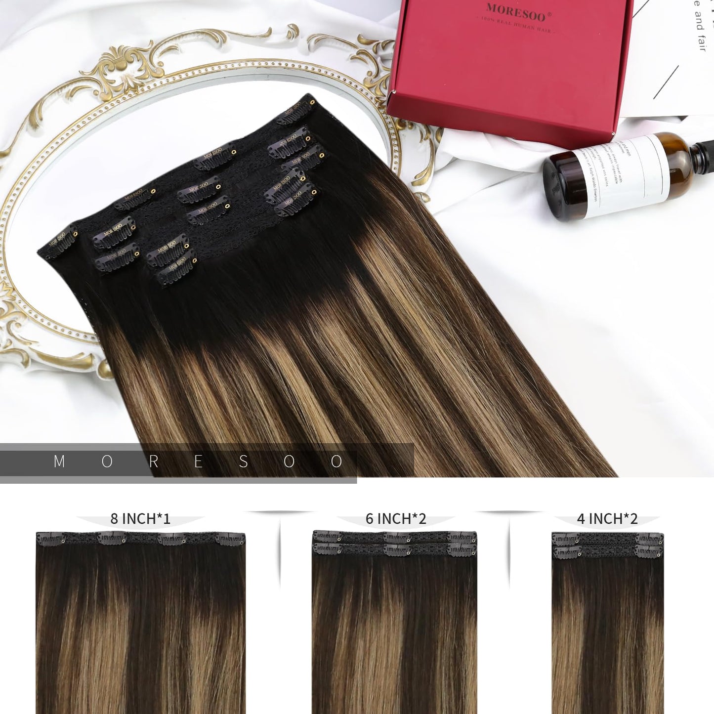 Moresoo Clip in Hair Extensions Real Human Hair Black to Blonde with Brown Human Hair Clip in Extensions Short Ombre Natural Bla