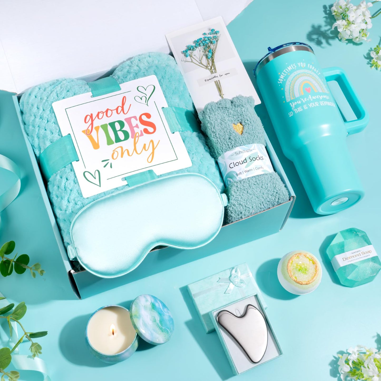 Birthday Gifts for Women, Unique Self Care Gifts Get Well Soon Basket, Christmas Relaxing Spa Gift Care Package w/ Flannel Blanket 40 oz Tumbler, Mothers Day Gifts for Mom Her Sister Friend