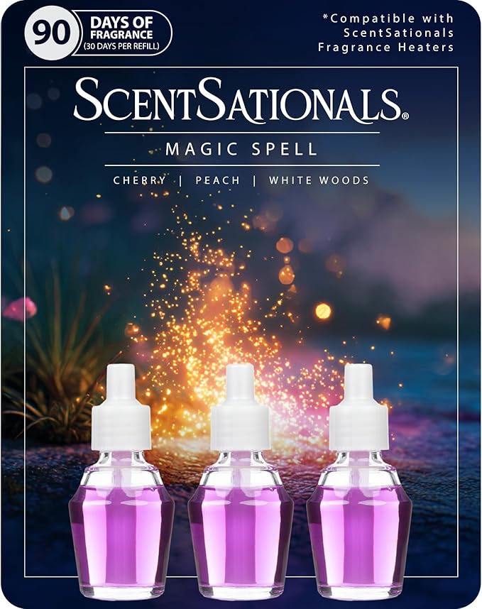 Scentsationals Fragrance Oil Plug In Air Freshener Refills 3-Pack - Magic Spell - Works with Scentsationals Wall Plugs, Long-Lasting Home Fragrance, 0.8 fl oz Each, Packaging May Vary