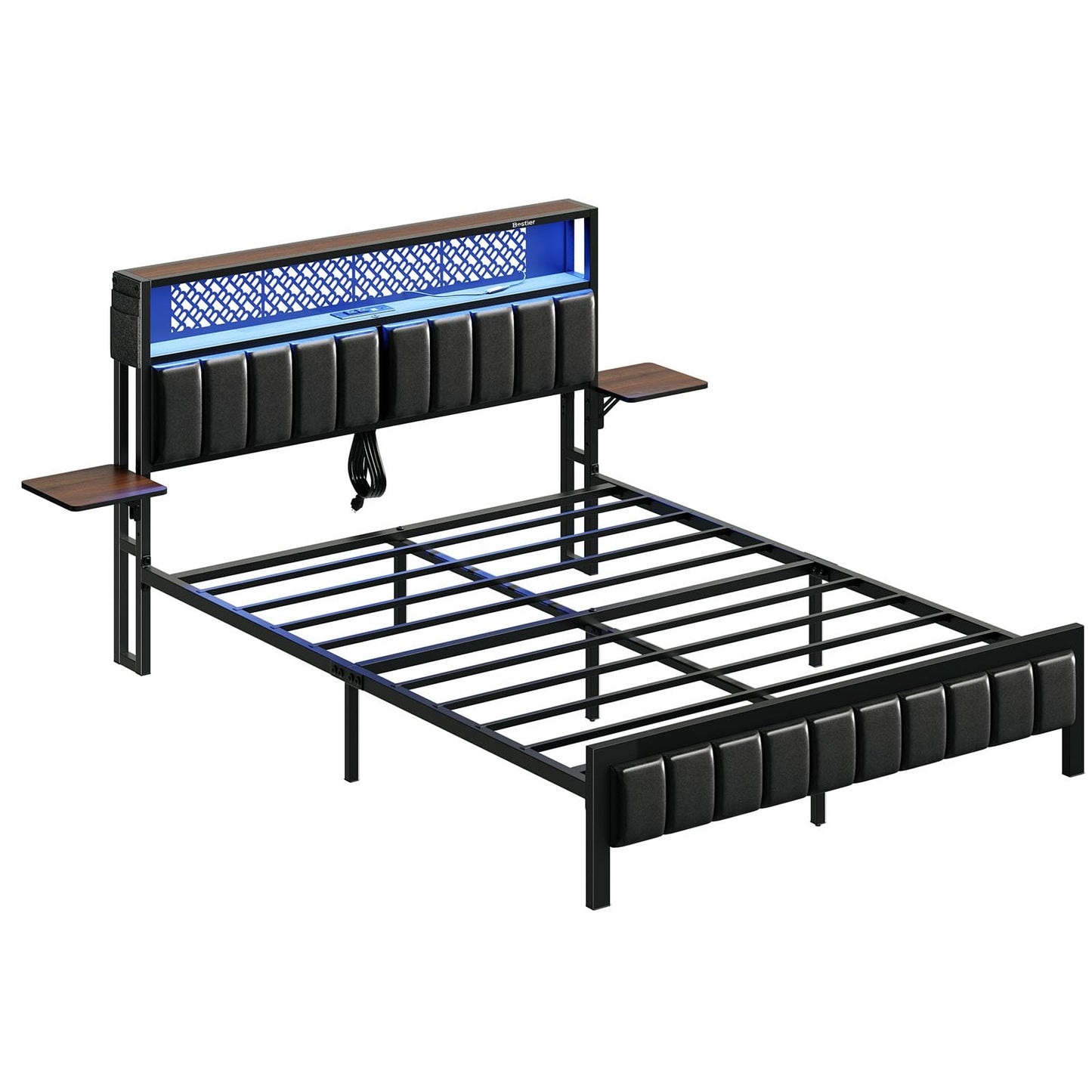 Bestier Queen Bed Frame with Upholstered Headboard and Charging Station, Folding Bedside Shelves Storage, LED Metal Platform Bed Frame, Non-Slip, Noise-Free, Easy Assembly, Walnut