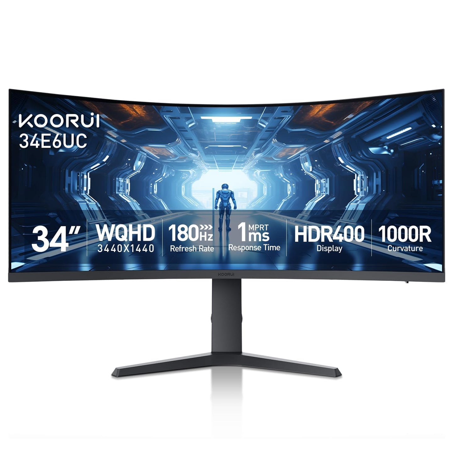 KOORUI 34-inch Curved Ultrawide WQHD 3440×1440 Gaming Monitor, 180Hz 1000R- PIP/PBP, 1ms(MPRT), HDR400, DCI-P3 95%, FreeSync Premium, 1 x DP 1.4 & 2 x HDMI 2.0, Tilt Height Swivel Adjustment, 34E6UC