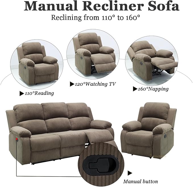 A Ainehome Corduroy Sofa Sets, Living Room Furniture Sets with Storage, Manual Recliner Couches Set, Reclining Sofa Couch and Chair Furniture Set for Living Room/Rv/House/Office, Taupe