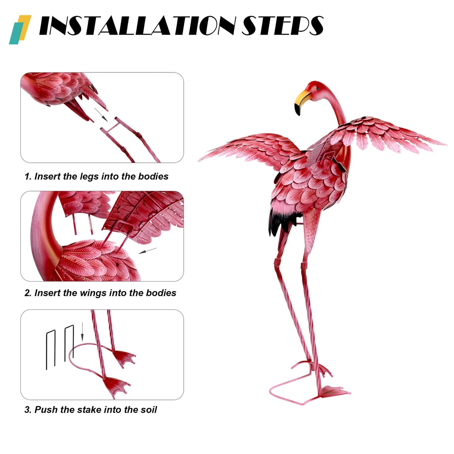 Natelf Pink Flamingo Yard Decorations, Tall Birds Garden Statues and Sculptures, Metal Lawn Art Ornaments for Outdoor Patio Backyard, Set of 2