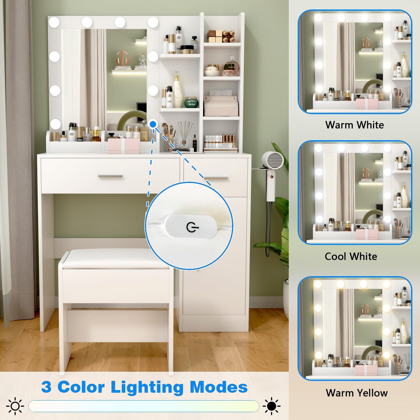 REFGY White Vanity Desk with Mirror and Lights, Makeup Vanity Desk with Lights 3 Colors, Dressing Table with 10 Bulbs, Power Outlet 2 Drawers Vanity Stool Makeup Table Set for Bedroom, Dressing Room