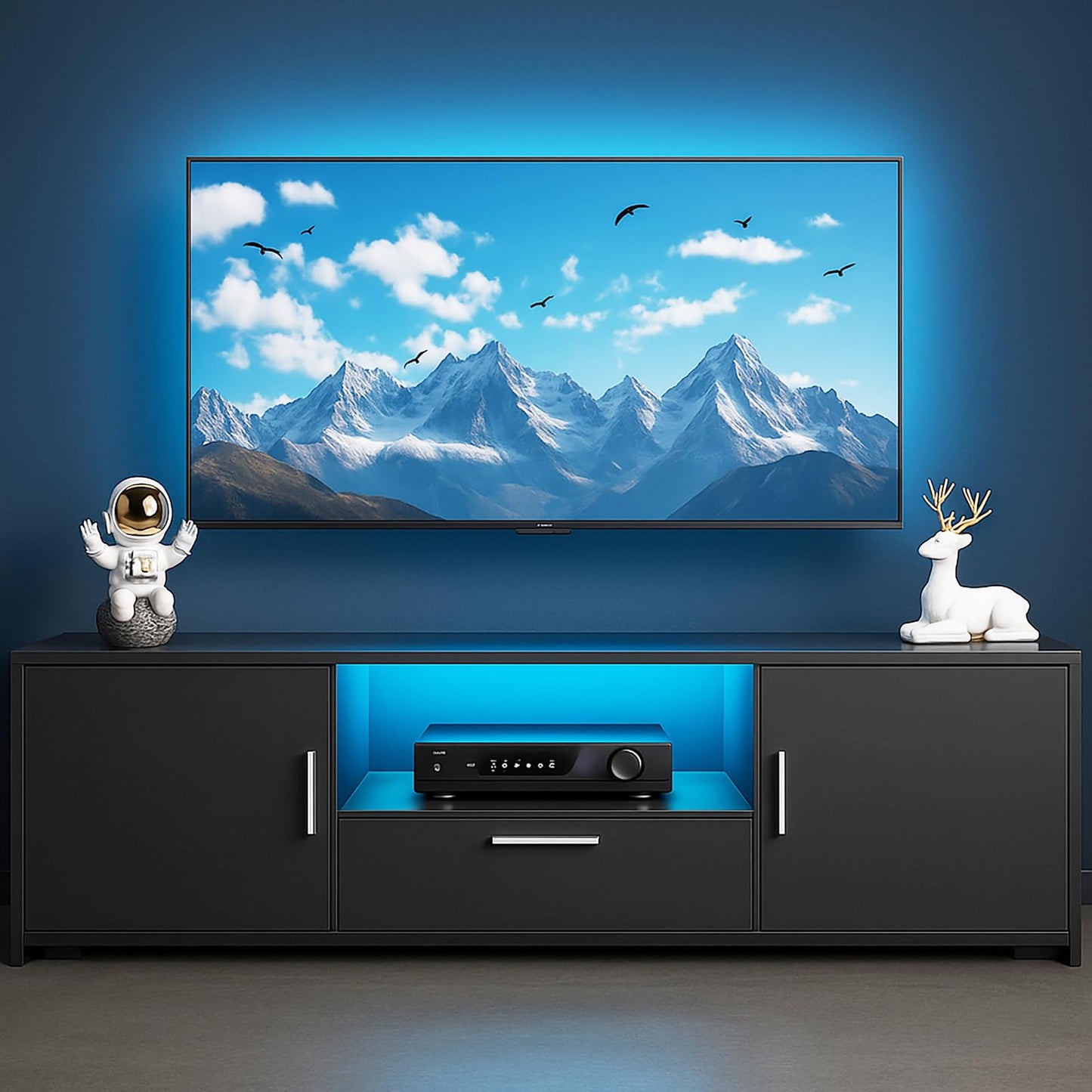 amadecohome 55 Inch TV LED TV Stand, Morden TV Console Table Entertainment Center, Gaming TV Cabinet for Living Room Bedroom Office Home Apartment Furniture (Black TV Stand with 4 Storage)