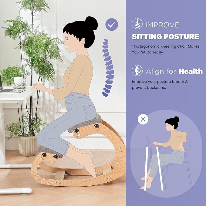 MoomJiee Ergonomic Kneeling Chair,Adjustable Rocking Knee Chair for Home Office,Wooden Office Chair for Back Pain Relief, Grey