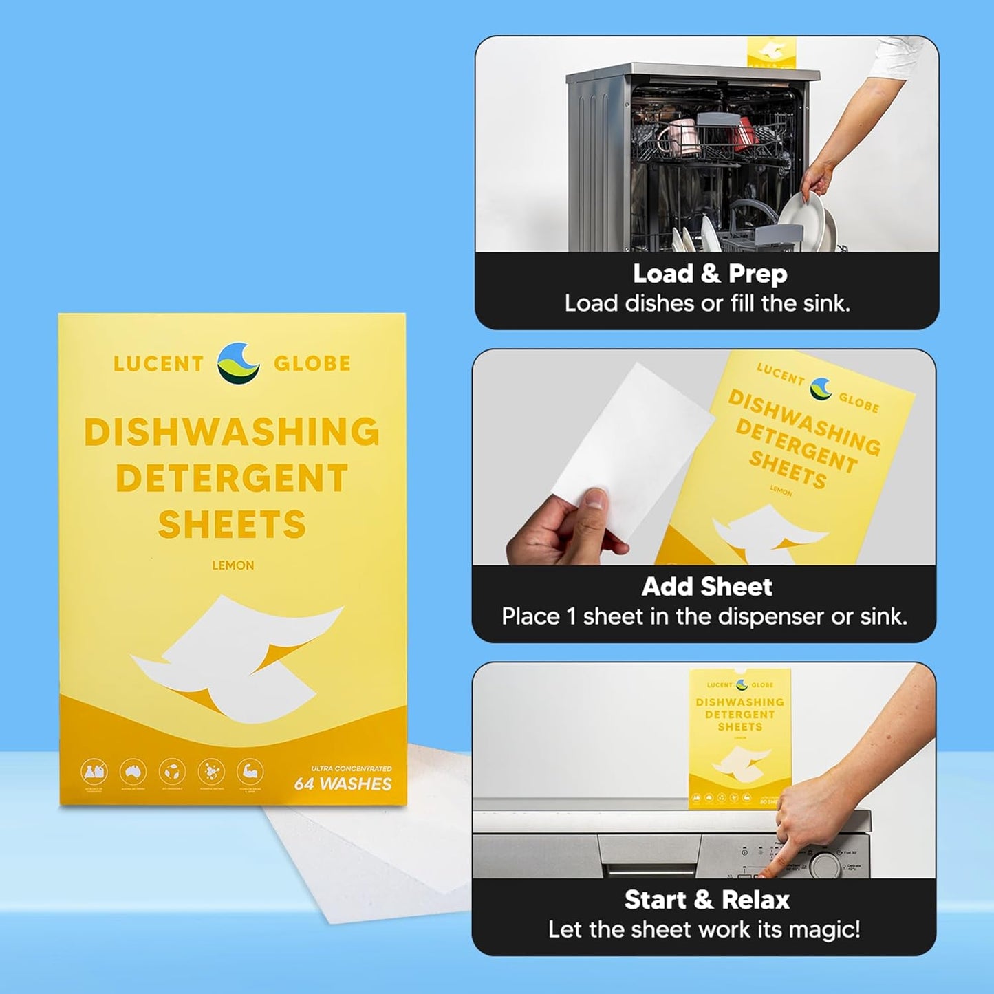 Lucent Globe Dishwasher Dishwashing Detergent Sheets, Dish Soap & Dishwashing Tablets Alternative. Plant-Based, Eco-Friendly, Fully Biodegradable, Lemon Scent & Plastic Free Packaging (64 Sheets)