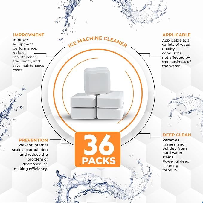 36 Pcs Ice Maker Cleaner Tablets – Descaler & Cleaning Solution for Ice Machines – Removes Odors & Build-up – Compatible with Countertop & Freestanding Ice Makers
