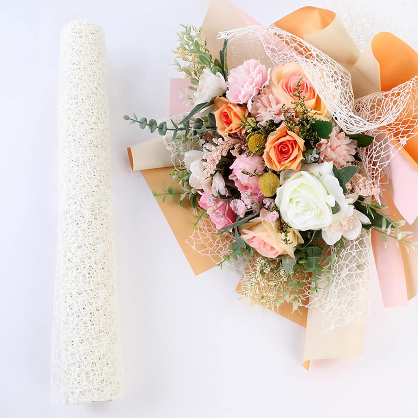 Korean Jacquard Net Mesh Openwork Floral Wrapping Paper 1 Roll Florist Supplies Flower Bouquet Wrapping Paper Floral Supplies for Fresh Flowers, 50cm x 5 Yard (Cherry Blossom Powder)
