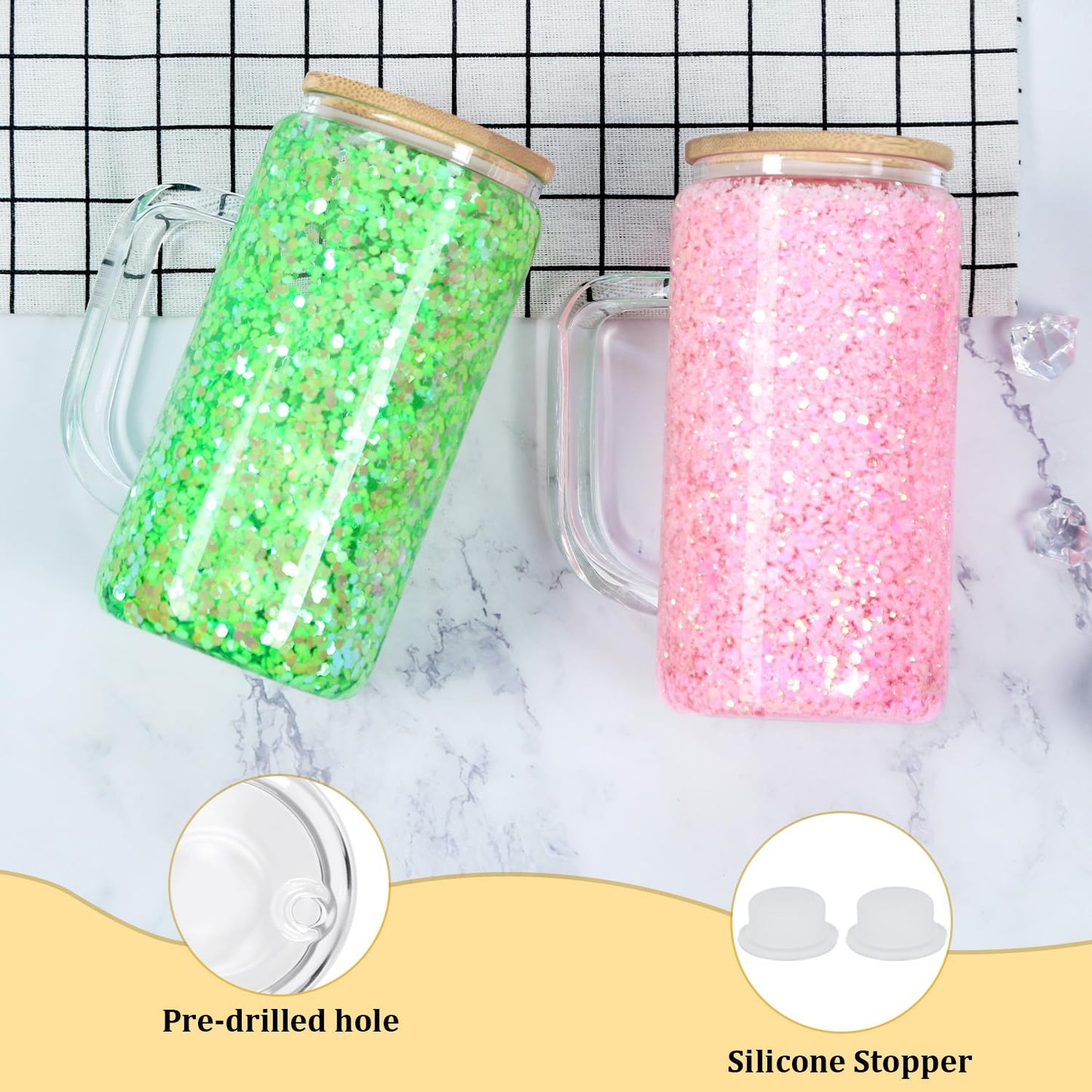 Maucircol 16 Oz Snow Globe Tumbler With Handle, Pre-Drilled Double Wall Snow Globe Glass Cup For Glitter, 4 Pack