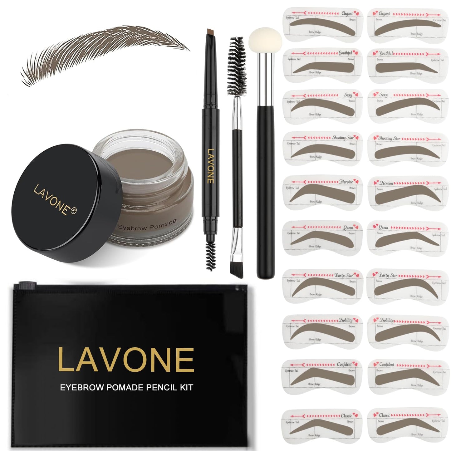 LAVONE Eyebrow Stamp Stencil Kit for Eyebrow, Brow Stamp Trio Kit with Waterproof Eyebrow Pencil, Eyebrow Pomade,20 Eyebrow Sten
