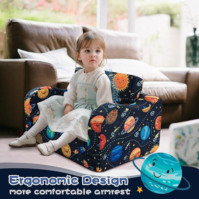 MeMoreCool Folding Kids Couch – 2-in-1 Toddler Sofa Bed & Lounge Chair | Astronaut Print | Fold-Out Design | Washable Cover | Ages 1–3