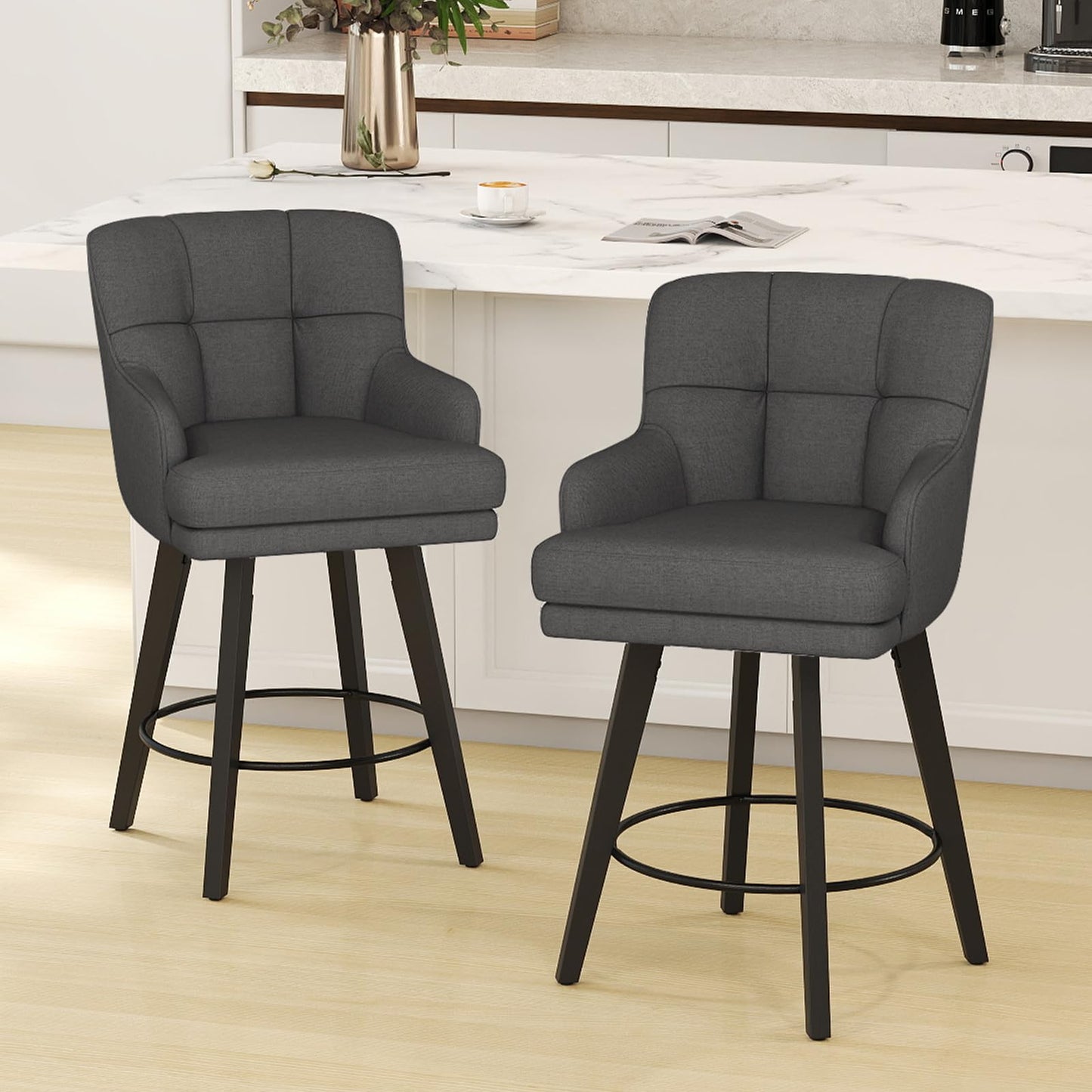 SAECKBERG 360°Swivel Counter Height Bar Stools with Back, 26 inch Solid Wood Legs, Bar Stool Modern Kitchen Island Chairs, Fabric (Black Grey- Fabric, 26" H- Set of 2)