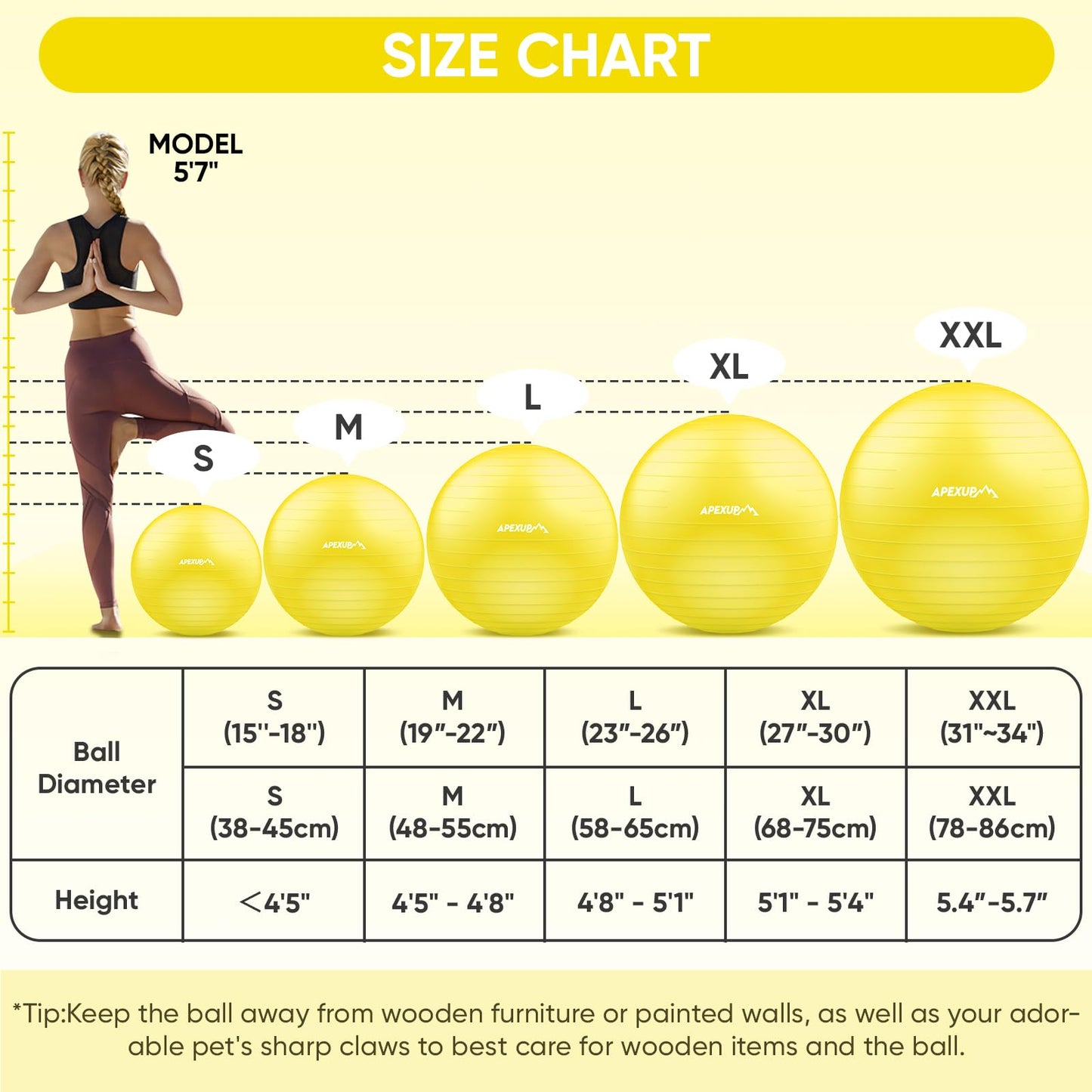 APEXUP Yoga Ball Exercise Ball, Anti Slip Stability Ball Chair, Heavy Duty Large Gym Ball for Fitness, Balance, Core Workout and Physical Therapy (S (15"~18") 45cm, Yellow)