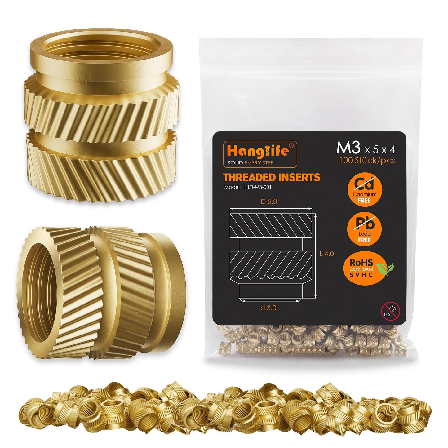 HANGLIFE Heat-Set Threaded Inserts, M3 Heat Set Insert for 3D Printing Components and Plastic Parts - Brass Metric Knurled Nuts (100 Pieces)