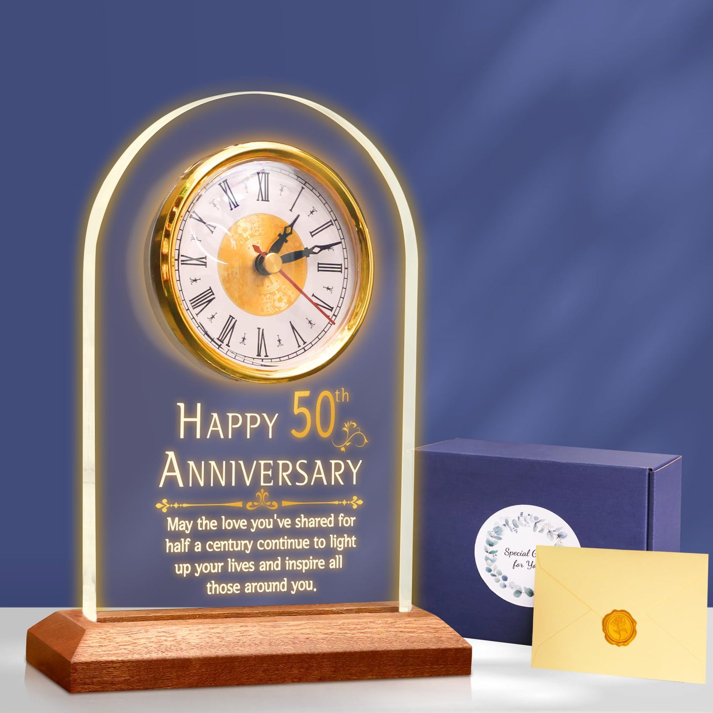 OkiyiD 50th Anniversary Wedding Gift, Anniversary Quartz Clock, Desk Table Clock, 50 Years of Marriage, Golden Wedding for Couple, Parents, Grandparents (Wooden Base with LED Light)