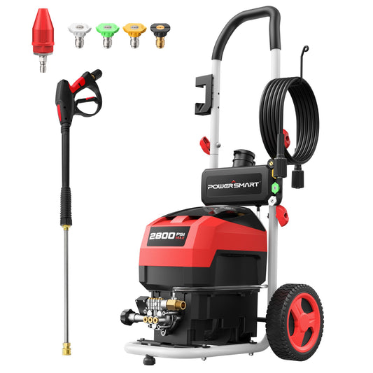 PowerSmart 2800 PSI Electric Pressure Washer with 2.0 GPM, 8" Wheels, 5 Nozzles & 1.5L Foam Tank for Patio, Car, Driveway, Fence and Home Cleaning