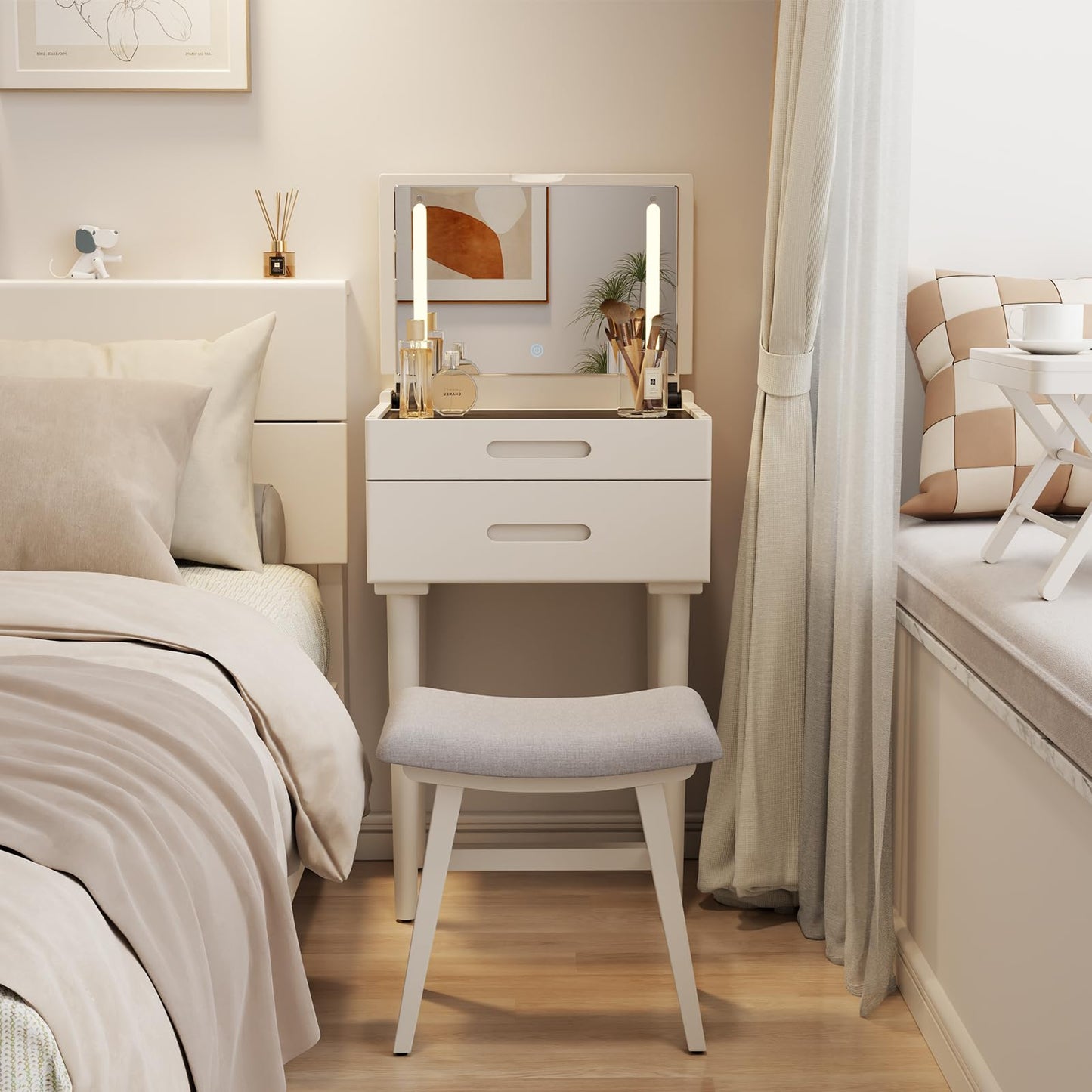 Muwuele Solid Wood Small Vanity Desk with Flip Top Mirror, Brightness Adjustable Lights, Compact Vanity with Glass Top and Drawers, Slim Dressing Table for Small Space, Bedroom, Living Room, White