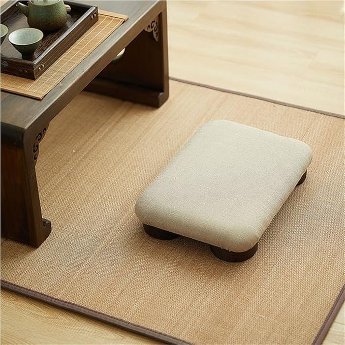 Japanese Tatami Low Stool, Solid-Wood Floor Chair with Cushioned Linen, Bedside Bench or Low Table Seating, Footrest for Meditation(50 * 40 * 7cm)