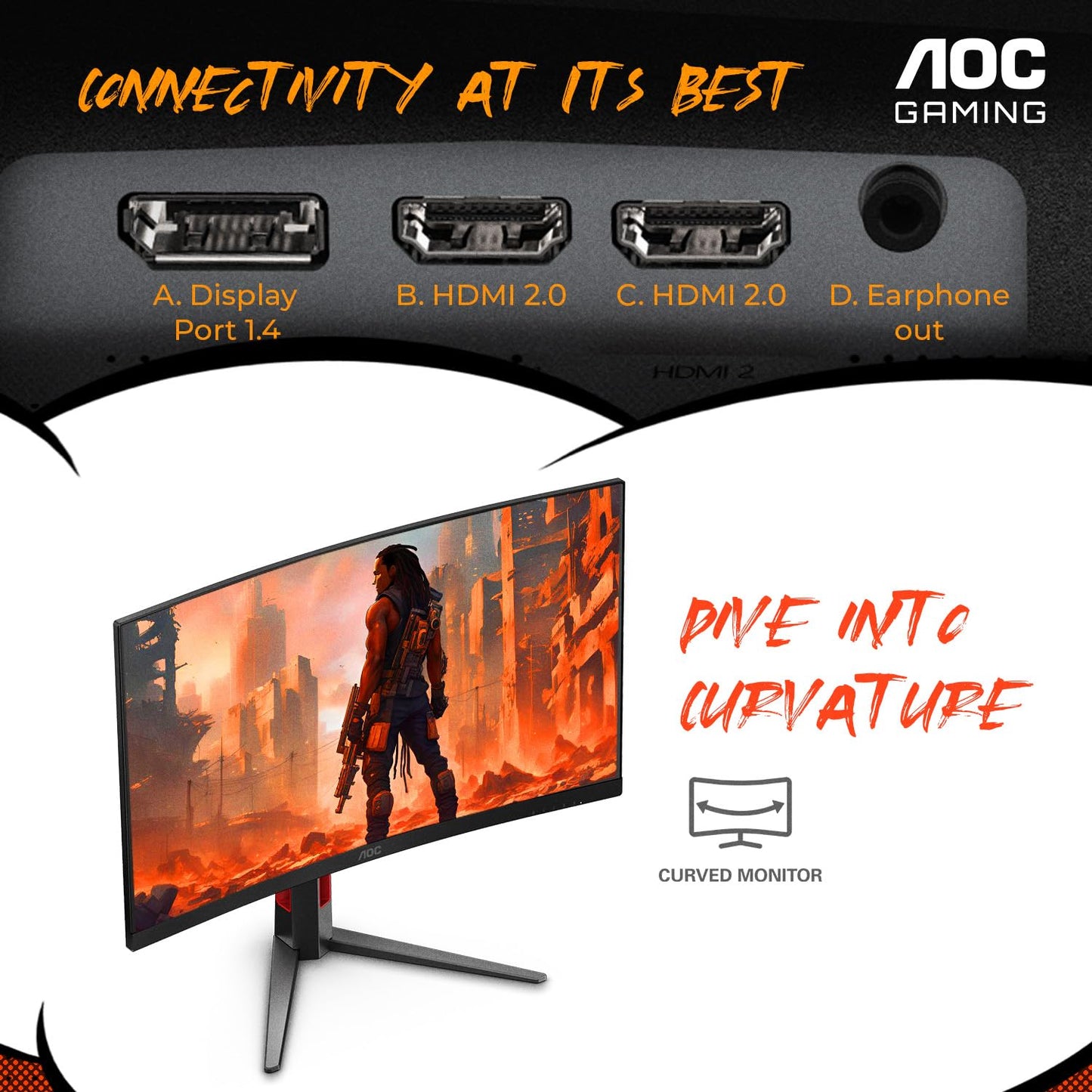 AOC CQ27G4H 27" Curved Gaming Monitor, QHD 2K 2560x1440, 1500R VA, 180Hz 0.5ms, AMD FreeSync Premium, Height Adjustable Stand, Xbox PS5 Switch Compatiable, 3-Year Zero-Bright-dot