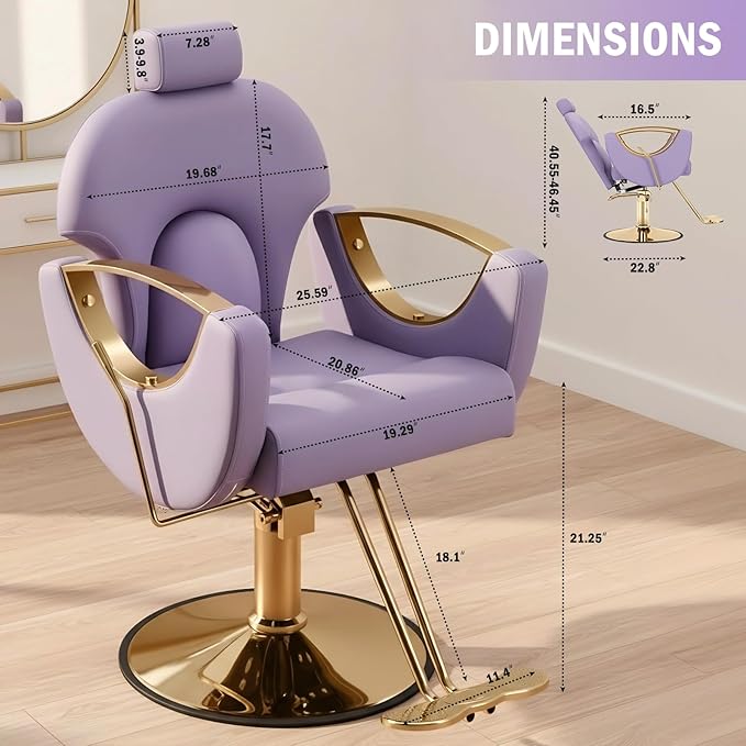 Salon Chair for Hair Stylist, Reclining Barber Chair with Heavy Duty Hydraulic Pump, 360 Degrees Swivel Styling Braiding Hairdresser Chair for Home Barbershop, Purple