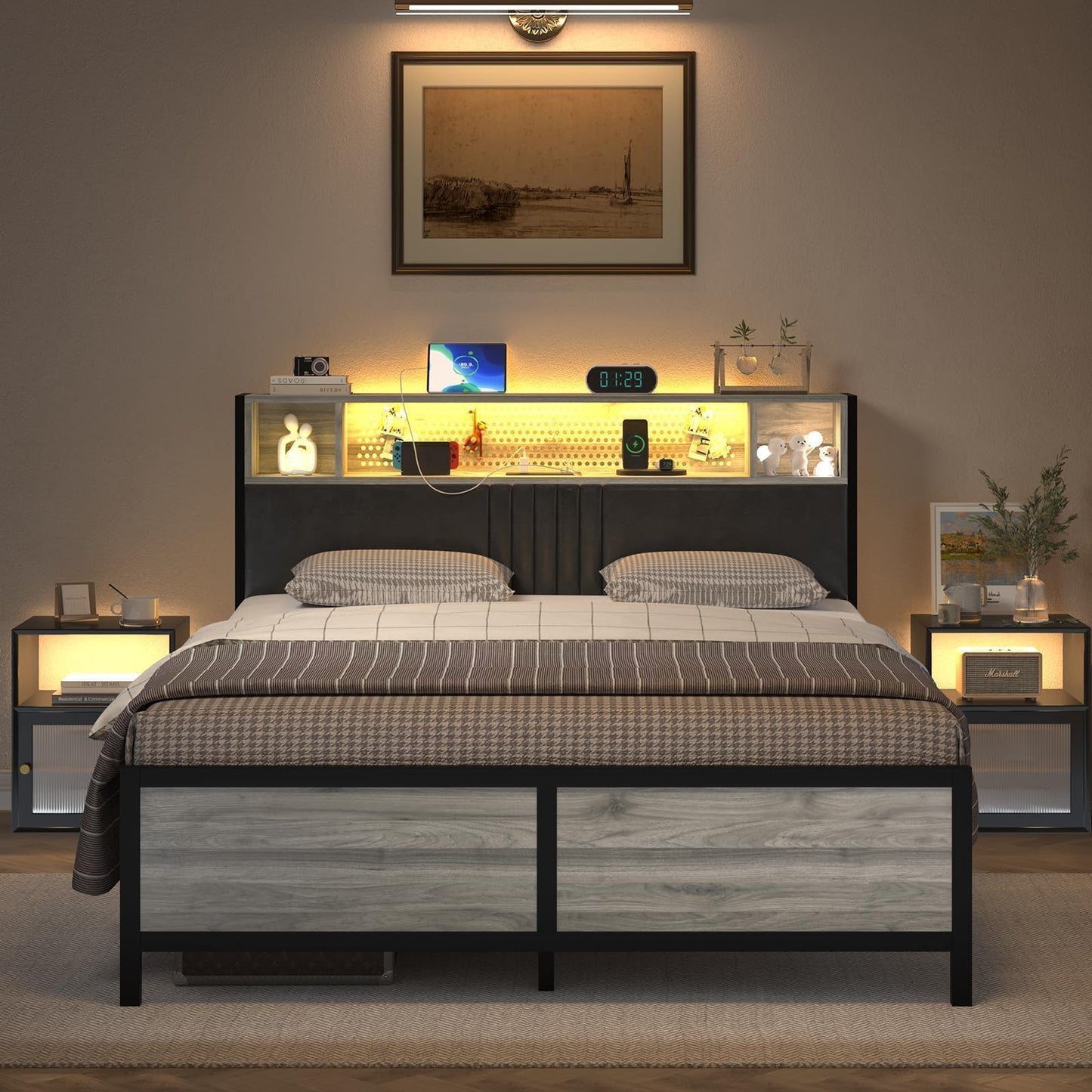 Queen Bed Frame with LED Lights and Charging Station, Upholstered Platform Bed Frame Full with Storage, Strong Metal Slats Support, No Box Spring Needed, Noise-Free, Easy Assembly, Wash Grey