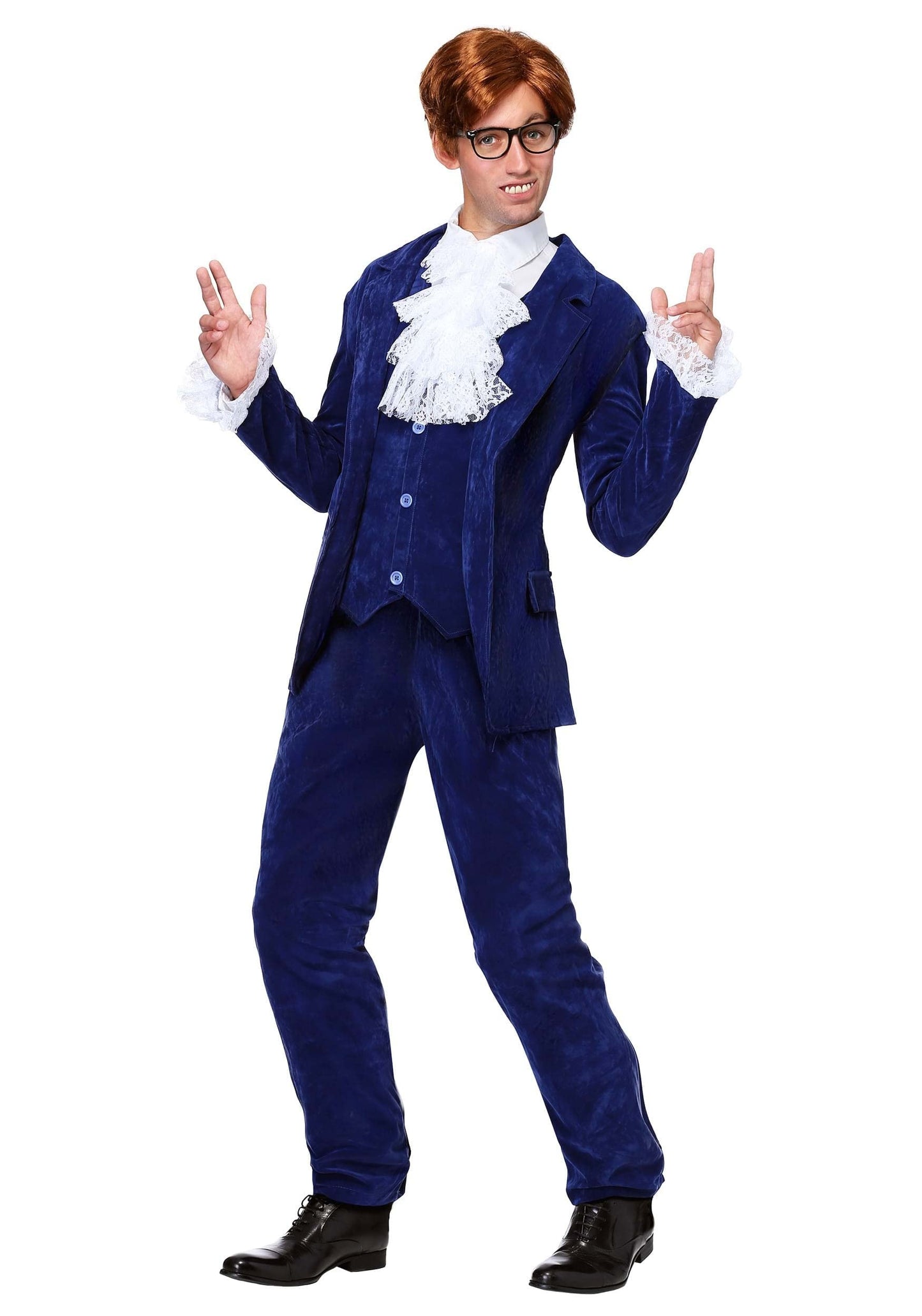 Mens 60's Spy Swinger Deluxe Halloween Costume | Adult Shagadelic Outfit with Navy Blue Velvet with Lace Cuffs, Vest, & Pants Small