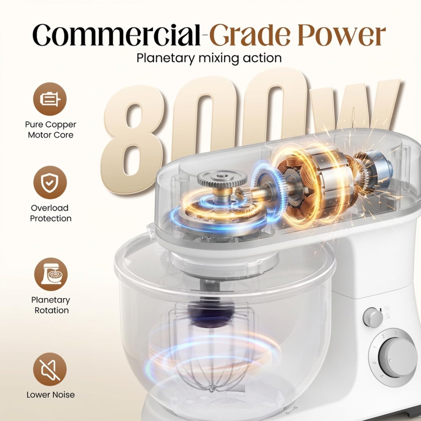 800W Stand Mixer with 5.3QT Bowl, 6-Speed with Pulse Electric Kitchen Mixer, Food Mixer with Dough Hook, Whisk, Beater Tilt-Head & Non-Slip Base for Cookie, Cake, Bread & Baking-White