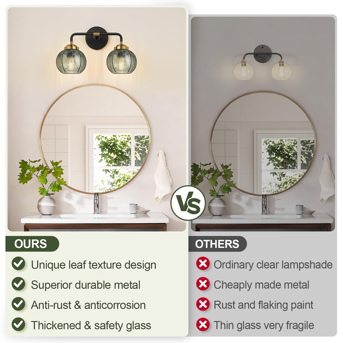 MOKATNG Bathroom Light Fixtures, 2-Light Green Vanity Lights with Unique Leaf Texture Glass Shade, Modern Matte Black and Gold Bathroom Wall Lamp for Mirror Hallway Cabinet Living Room
