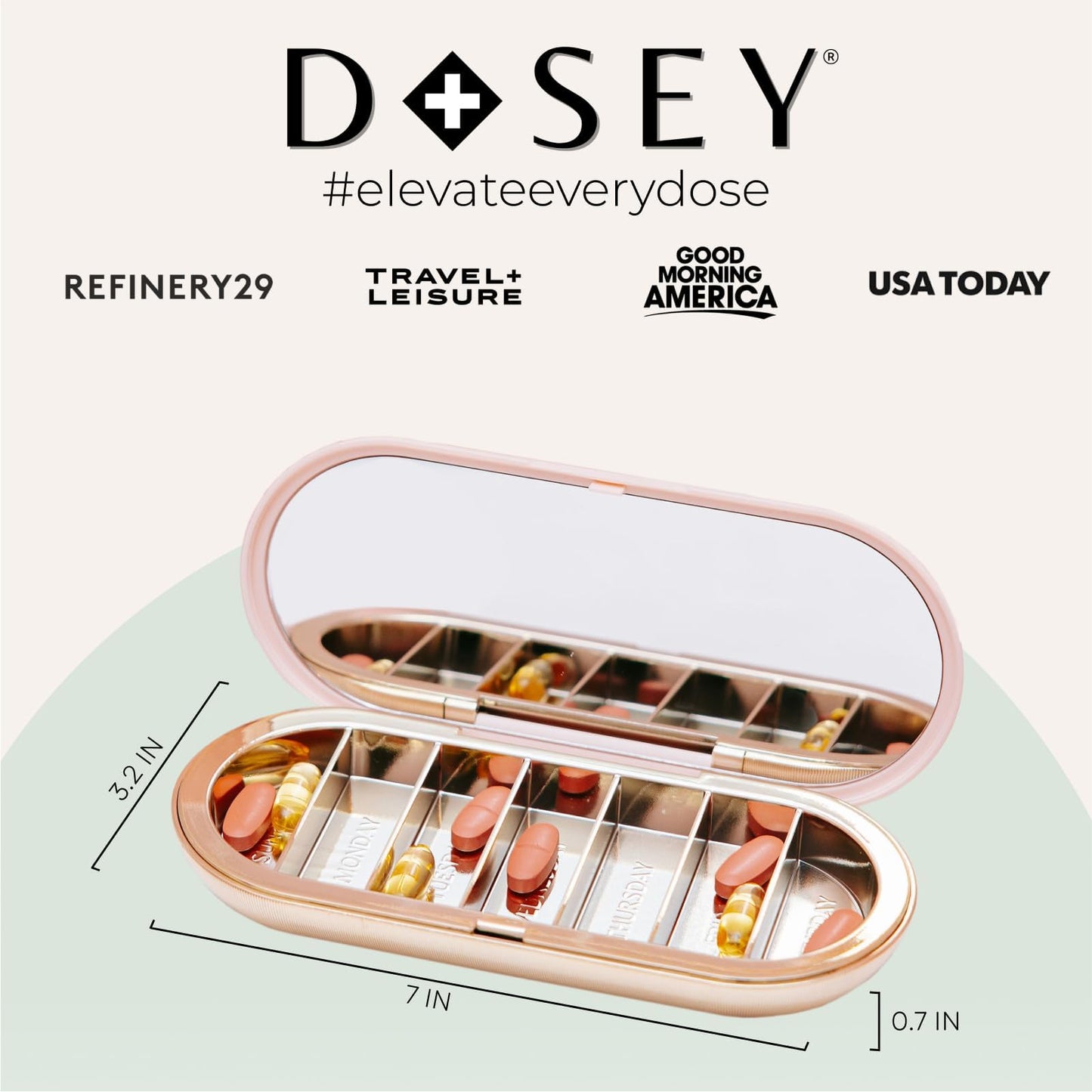 Dosey 7 Day Pill Compact Travel Pill Organizer - Pill Case with 7 Pill Compartments for Medicine Storage & Protection – Stylish & Elegant Medication Organizer with Mirror, Blush