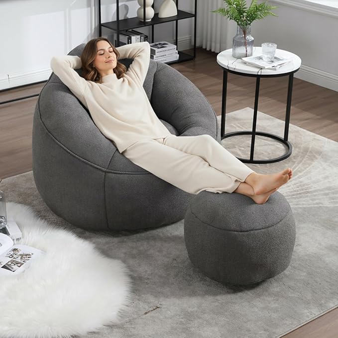Bean Bag Chairs, Gaint Bean Bag Couch with Memory Foam for Adults and Kids, Microfiber Upholstered Sofa with Ottoman, Comfy Lazy Bean Bag Reading Chair for Living Room