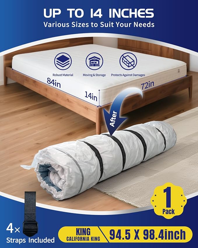 King/Cal-King Foam Mattress Vacuum Bag for Moving，9-Layer Heavy Duty Mattress Bags for Moving & Storage, Leakproof Vacuum Seal Bags for Clothing with Straps