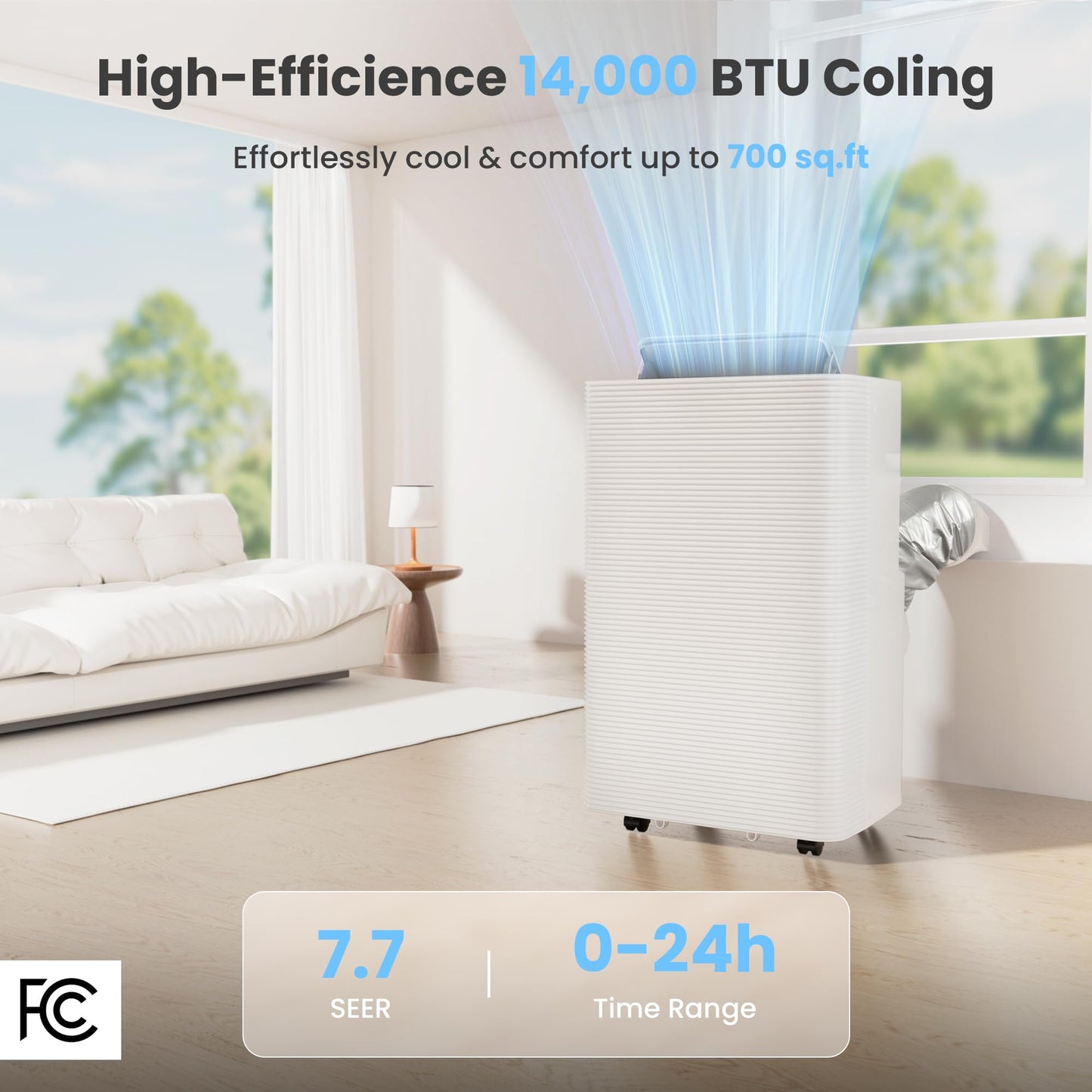 Candy 14,000 Btu Portable Air Conditioner For Rooms Up To 700 Sq.Ft,3-In-1 Cooling/Dehumidifier/Fan Ac Unit 3 Speed,Auto Swing,R