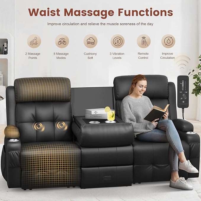 Aotolo Recliner Sofa, Massage Reclining Sofa 3 Seater Sets Heavy Weight Capacity, RV Loveseat Couch Clearance with Flip Back Console, Storage, Cup Holders, Wall Hugger Reclining Couch for Living Room