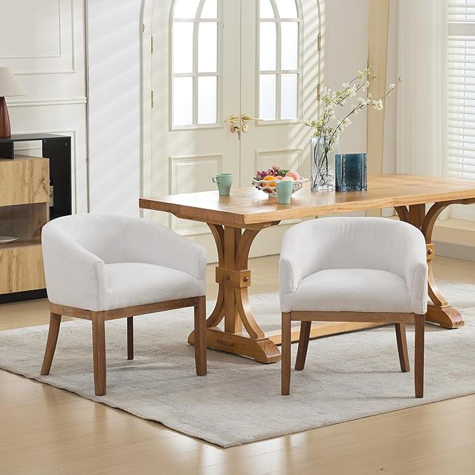 Shenyon Mid Century Modern Dining Chairs with Arms, Upholstered Linen Fabric Dining Room Chairs with Solid Wood Legs, Comfy Barrel Accent Chairs for Dining Room, Living Room, or Cafe,Beige