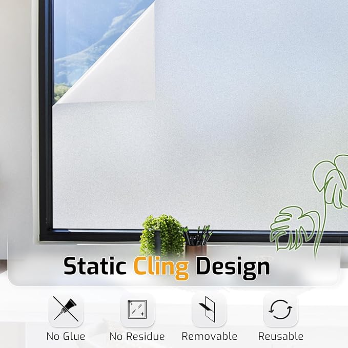 LUTE Window Privacy Film, Frosted Glass Window Film for Bathroom, Static Cling Removable Heat Control Glass Coverings, Non Adhesive Opaque Door Sticker for Home Office (Pure, 17.5" x 157.4")