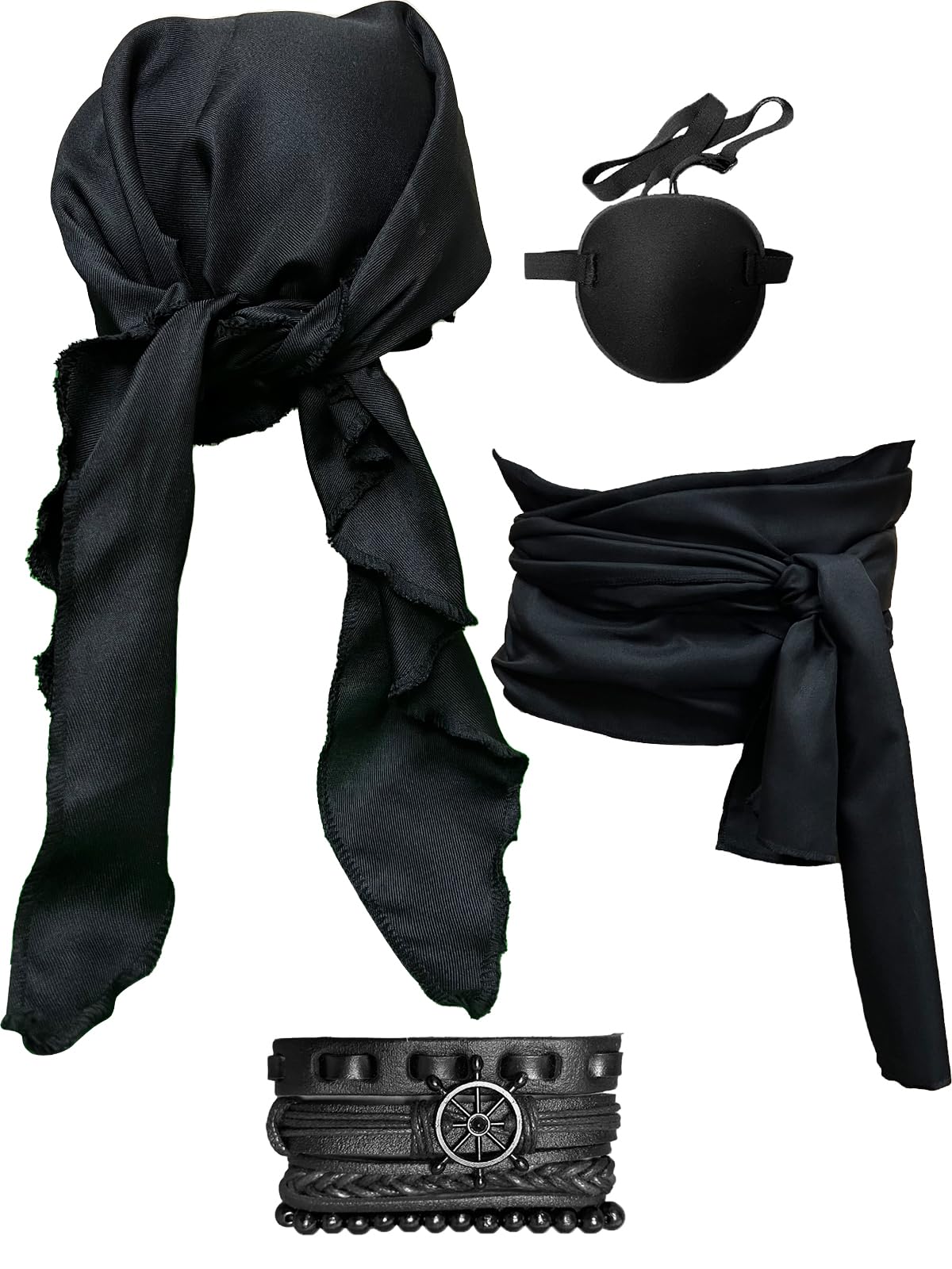 Halloween Pirate Costume Women Men 4 Pcs Pirate Head Scarf Bandana Belt Medieval Renaissance Viking Accessories (Black)