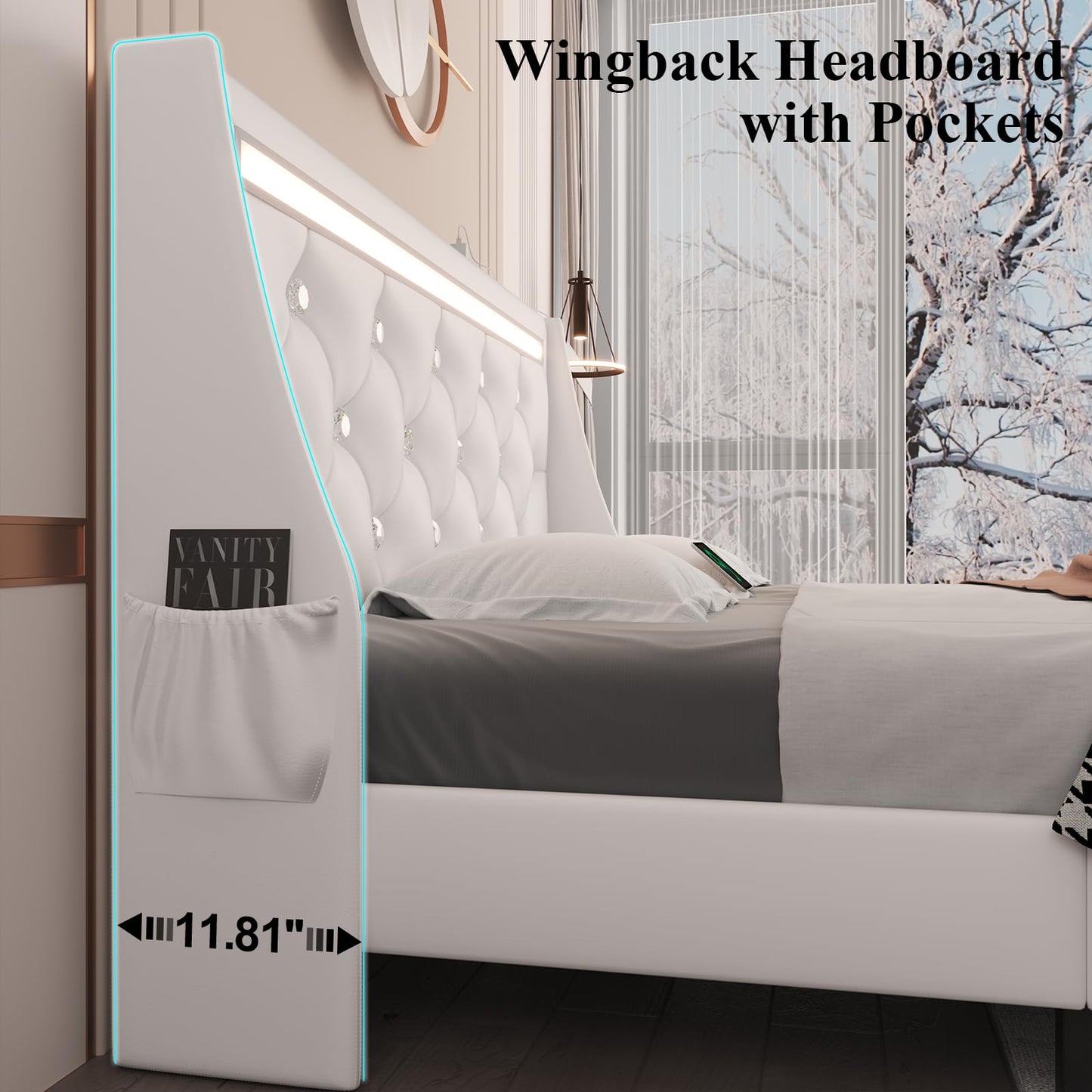 E-Motie Queen Bed Frame with LED Lights and Charging Station, Wingback Upholstered Diamond Tufted Storage Headboard, Noise-Free, Solid Wood Slats,No Box Spring Needed, Easy Assembly, White