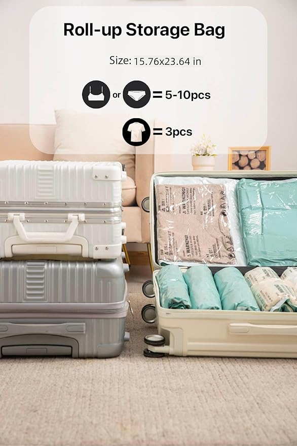 NeatNest 6 Pack Travel Roll-Up Vacuum Storage Bags – 40×60cm (15.7"×23.6"), No Vacuum Needed, Compression Packing Bags for Clothes, Carry-On Luggage, Camping, and Travel