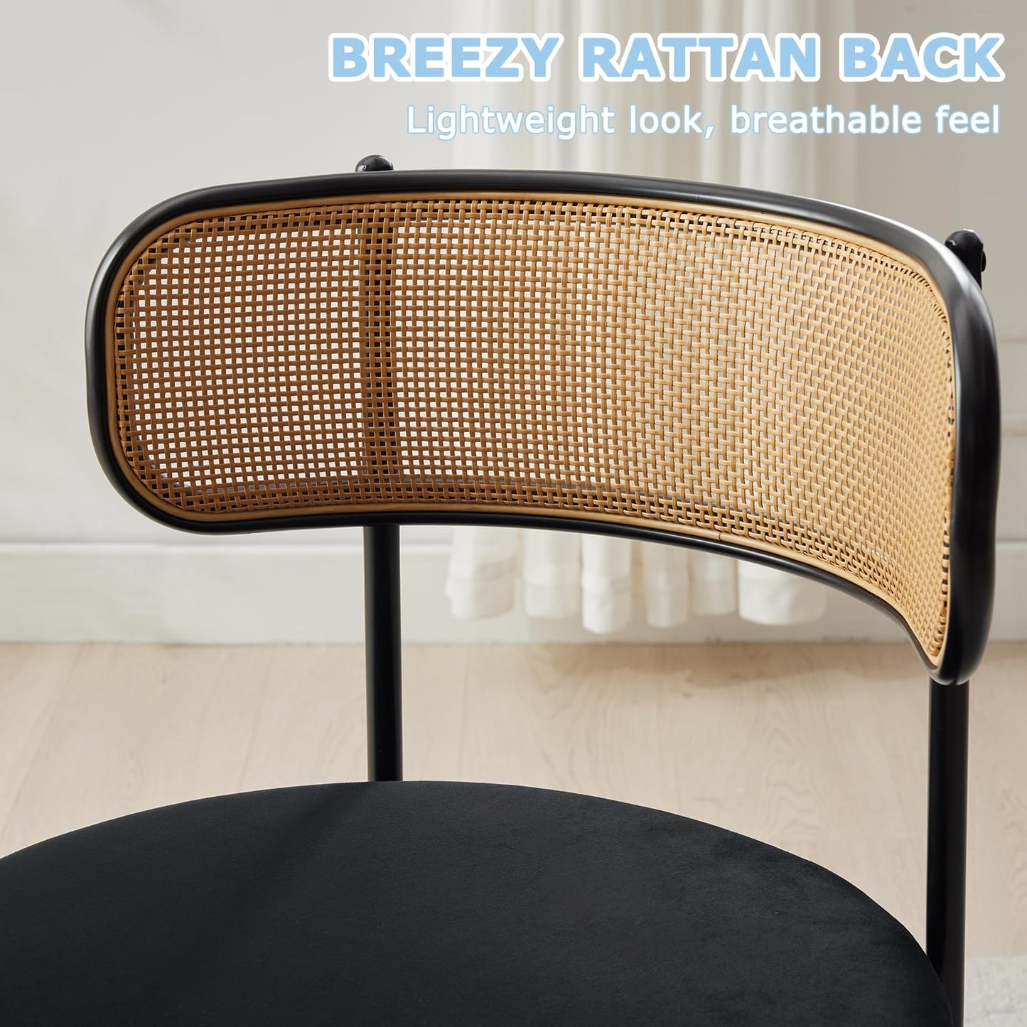 Puntogen Rattan Dining Chairs Set of 4, Kitchen Chairs with Curved Cane Backrest &Metal Legs, Modern Dining Room Chair, Round Upholstered Sherpa Chair for Living Room, Black